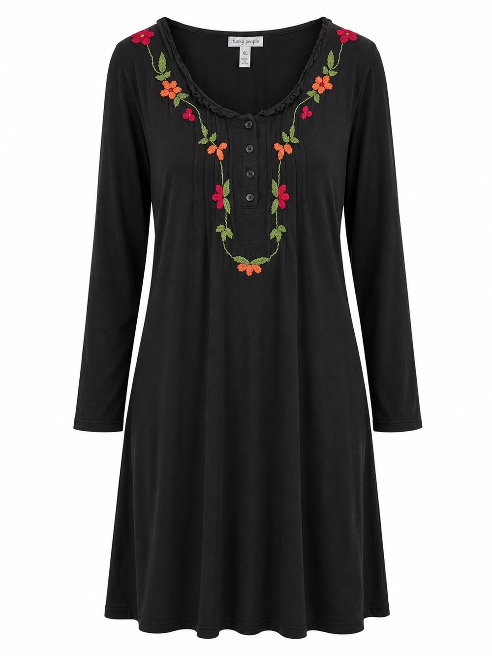 FUNKY PEOPLE | Black Embroidered Floral Henley Long Sleeve Boho Tunic Dress | XL